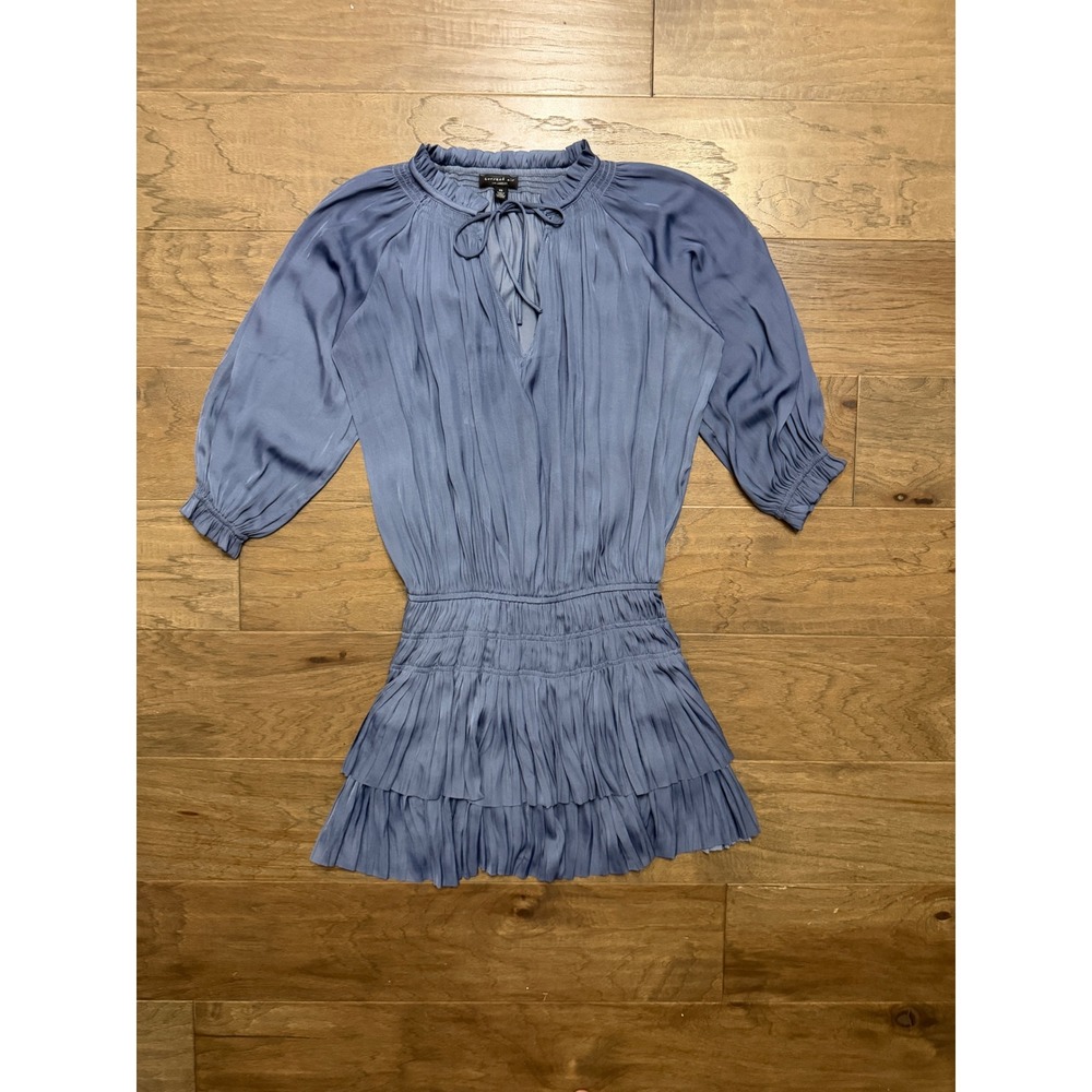 Current Air Mini Dress Womens XS Blue Polyester Pleated Tiered Smocked Boho Tie